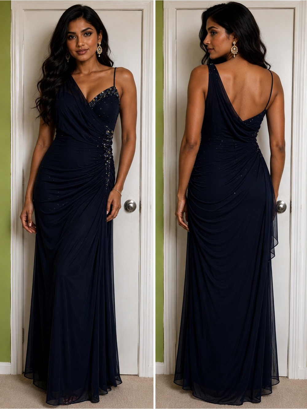 Xscape Navy Blue One-Shoulder Beaded Evening Gown Women Size 14